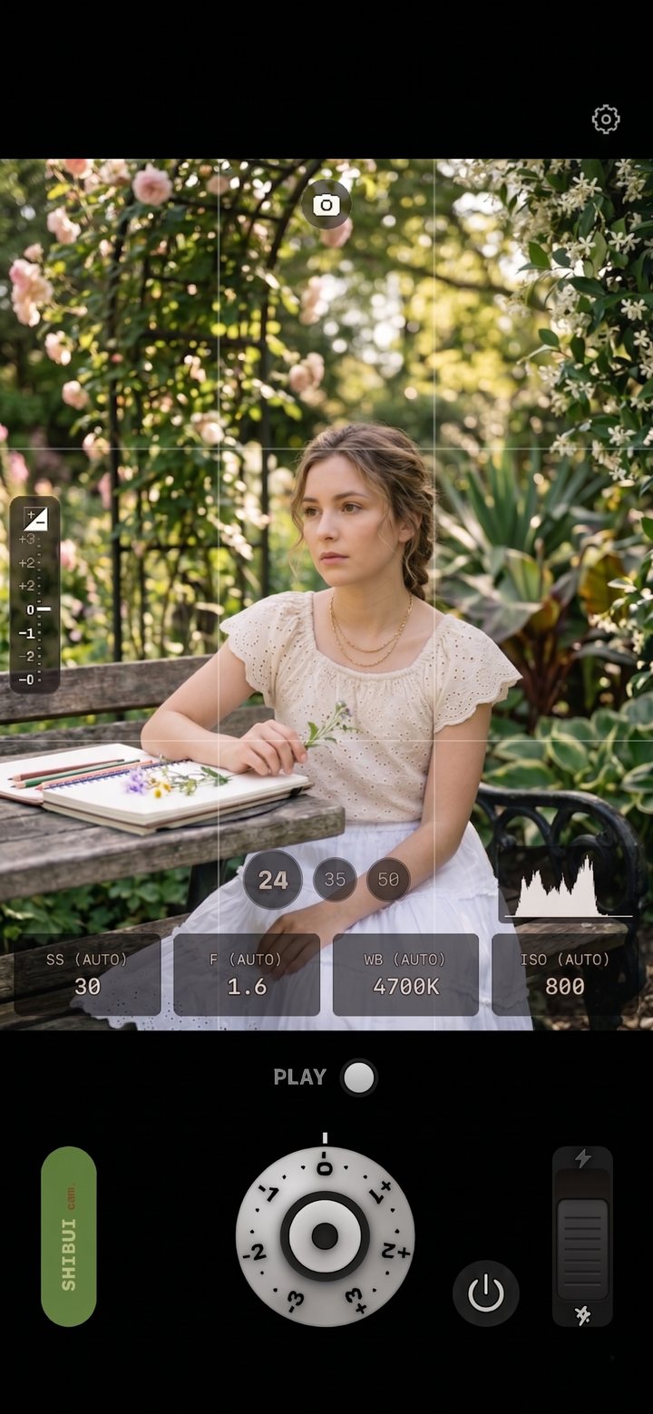Scatto camera interface - portrait in a garden with film exposure controls